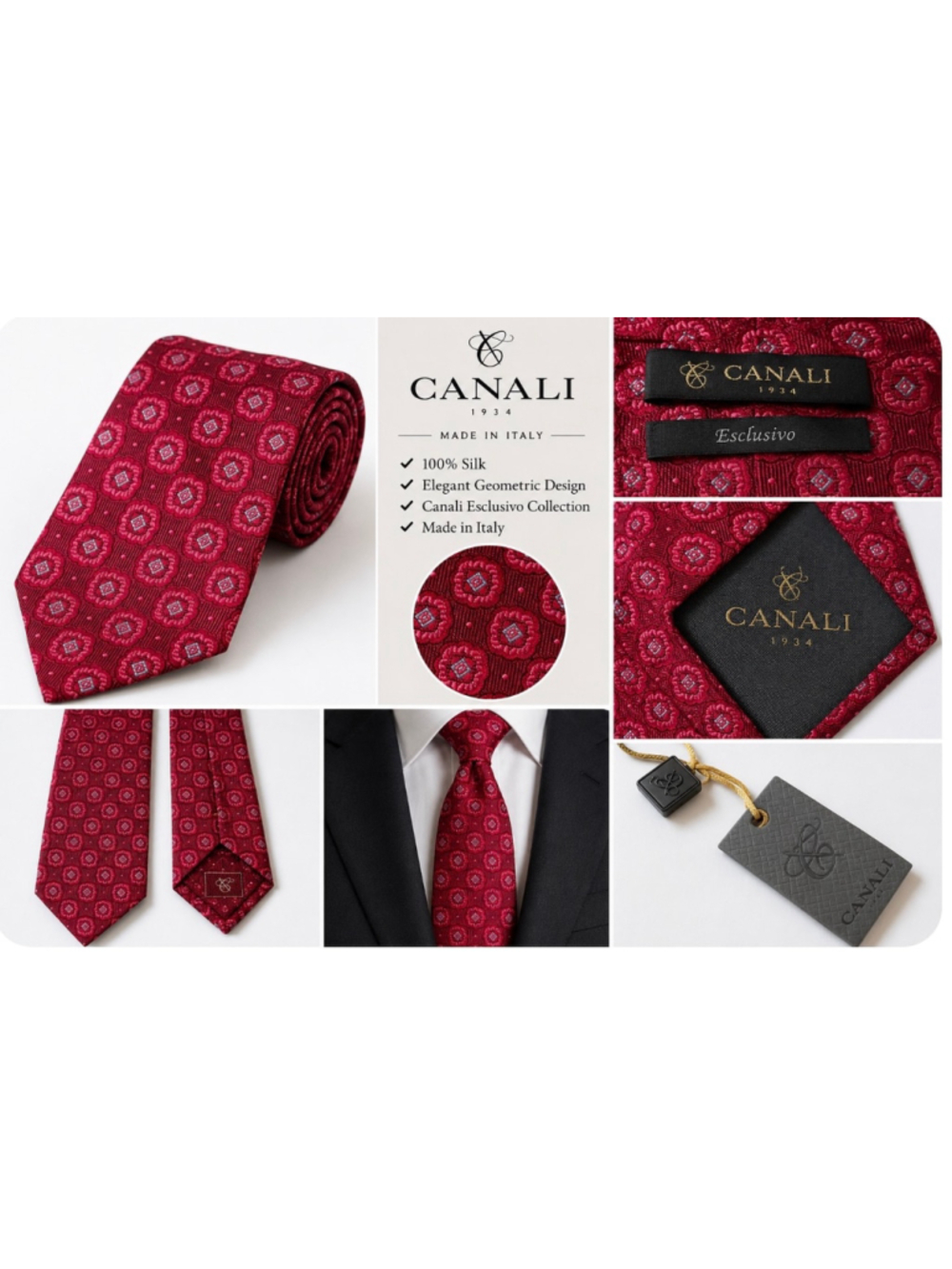 Men's Canali Silk Tie Red Geometric Pattern Luxury Italian New!